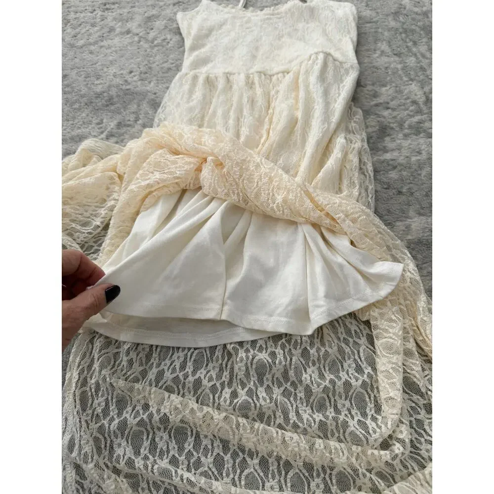 90s Abercrombie and Fitch Ivory Lace Maxi Dress Half Lined Stretchy Fairy Long S